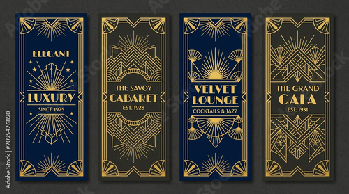 Four vintage art deco style vertical banners featuring gold geometric patterns and text for elegant luxury savoy cabaret velvet lounge grand gala events.