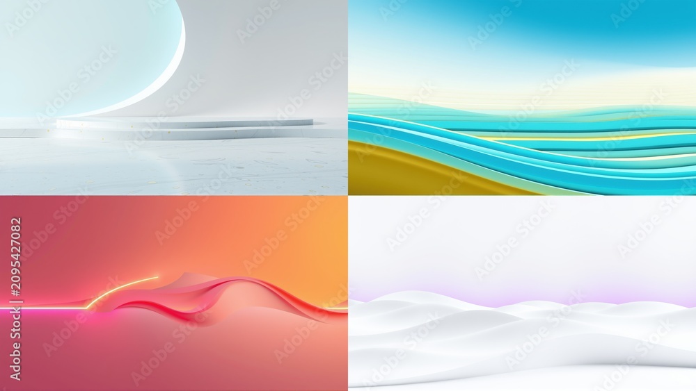 Fototapeta premium Abstract backgrounds, smooth gradients, flowing shapes. Minimalist design, soft colors, modern aesthetic. Four panels present varied textures, light effects.