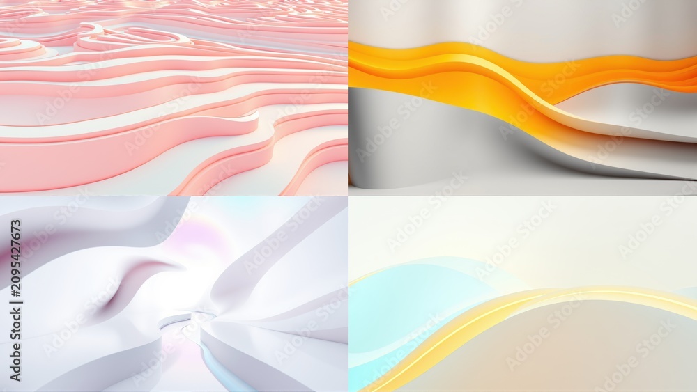 Fototapeta premium Abstract wavy surfaces, soft colors, modern design. Four panels showcase fluid forms, gentle curves, subtle gradients. Minimalist aesthetic.