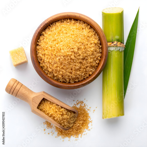 Top view of wooden bowl of brown sugar with sugarcane on white background
