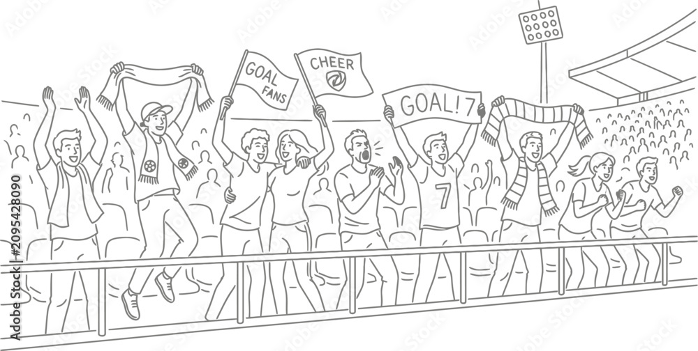Obraz premium Soccer fans cheering, goal celebration, sports crowd, stadium audience, vector illustration