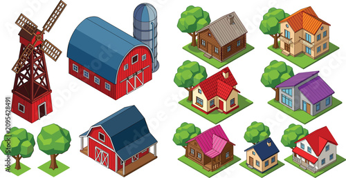 Bild auf Leinwand Isometric farm barn house buildings collection with windmill and low poly trees