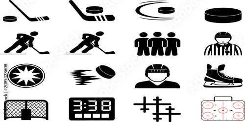 Canvas Print Set of flat ice hockey icons featuring equipment, players, referee, rink, and game elements for sports design