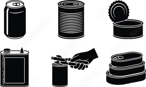 Aluminum Soda Can Tin Food Container And Can Opener Silhouette Vector Icon Set For Packaging