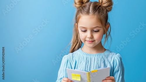 Little girl reading a diary with yellow sticky notes isolated on a blue background