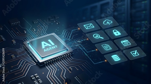 Artificial intelligence agent microchip processing digital tasks with futuristic glowing interface icons for business automation and cloud computing solutions