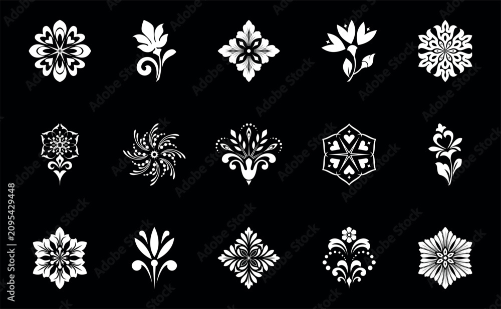 Fototapeta premium Geometric floral set of seamless patterns. White and black vector backgrounds. Damask graphic ornaments.