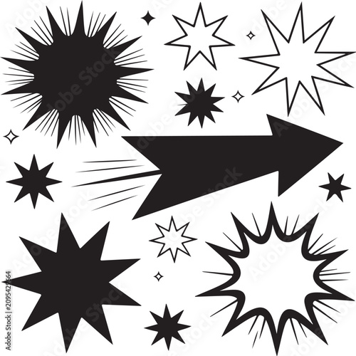 Set of black isolated explosion starbursts, comic elements, and arrow on transparent background.