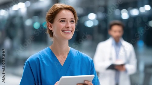 A healthcare worker smiles while using a tablet in a contemporary medical facility. This footage showcases the integration of technology in healthcare. AI