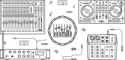 Foto Audio Sound Mixer and DJ Turntable Equipment Icon Set with Line Art Symbols