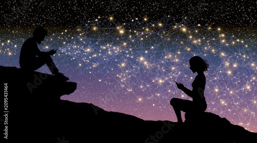 Global social networking and digital connectivity concept featuring silhouettes using mobile devices under a vast celestial data network