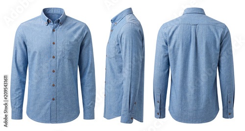 Blue denim shirt mockup isolated on white background, clean casual fabric apparel presentation for branding and print design showcase