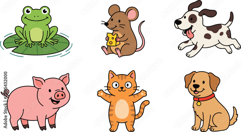 Fototapeta premium Cute animal character set with cartoon frog mouse dog pig and cat for kids vector design