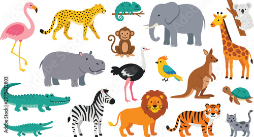 Photography Cute Cartoon Wild Animals Flat Vector Illustration Set Featuring Safari Zoo Spec