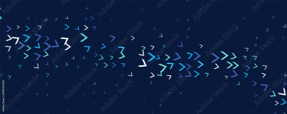 Fototapeta premium Abstract blue and teal arrows flowing forward on a dark navy background with selective focus and motion blur for digital concepts