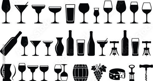 Fotografía Wine and alcohol beverage solid black silhouette icon set wineglass bottle corks