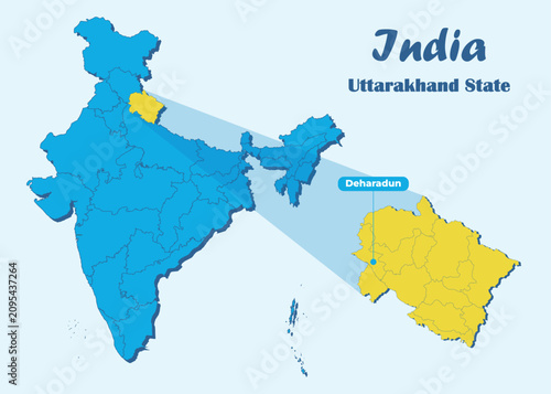 Uttarakhand state highlighted in yellow in Indian map with editable vector illustration. Political map showing the location of Uttarakhand with Dehradun marked, suitable for education, travel, geograp