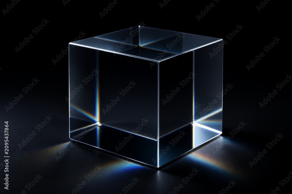Obraz premium Glass cube refracting light on dark reflective surface