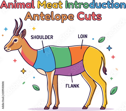 Tableau sur toile A stylized colorful cartoon diagram of an antelope showcasing labeled meat cuts