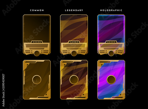 Bild auf Leinwand Trading card front and back collection featuring common, legendary and holographic rarity tiers with premium templates for TCG, CCG, RPG, collectible games and game UI