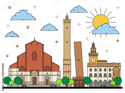 Obraz na plátně Bologna Italy City Skyline Landmarks Flat Vector Illustration