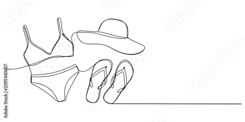 Tableau sur toile Minimalist Continuous Line Art of Summer Beach Essentials Bikini, Sun Hat, and Flip-Flops