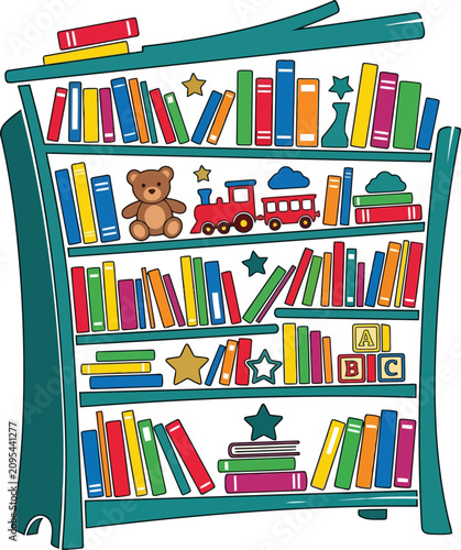 Colorful Children's Bookshelf with Toys, Teddy Bear and Alphabet Blocks in Hand Drawn Style