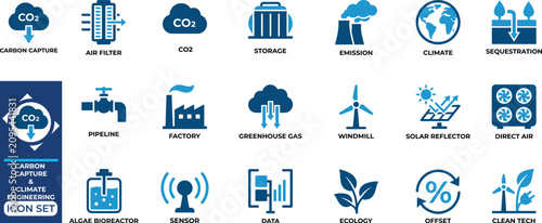 Foto Carbon capture and climate engineering icons for environmental sustainability study