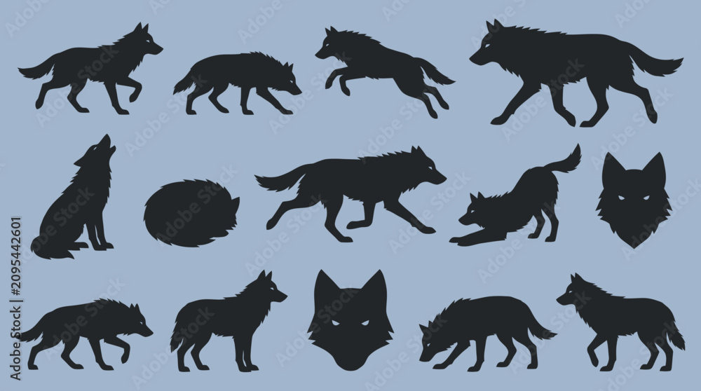 Fototapeta premium Black Wolf Silhouette Set: Various Poses and Icons for Wildlife Design