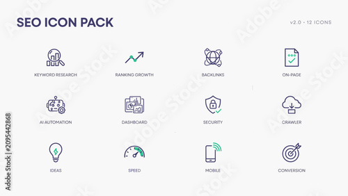 Modern AI SEO software and website monitoring UI icons – Ideal for automated keyword tracking tools, ranking dashboards, or tech startup sites.