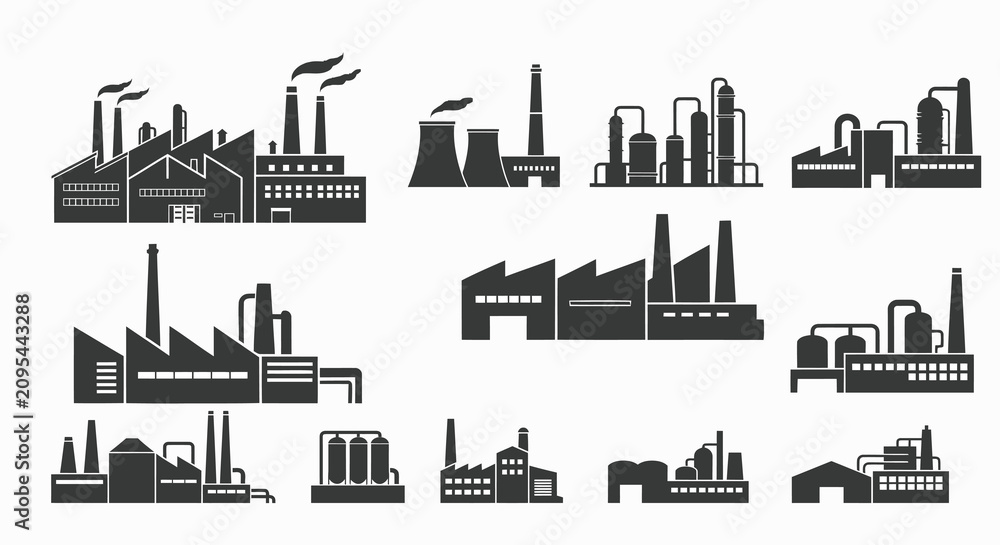 Obraz premium Factory silhouettes with smokestacks on a white background