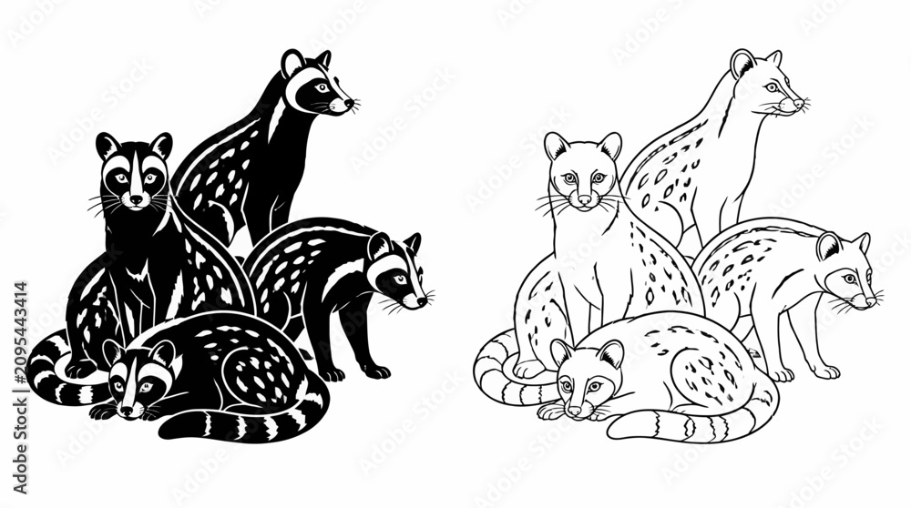 Naklejka premium Group of Civets in Black and White Silhouette and Line Art Style