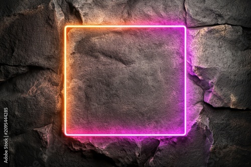 Vibrant neon square frame glowing against textured dark stone background for modern backdrop design presentation