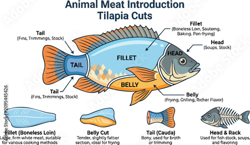 Foto An illustrated diagram of a tilapia fish with labeled culinary cuts