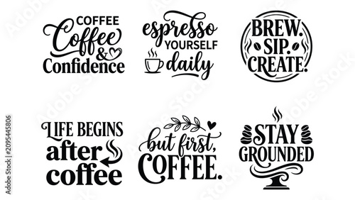 Fotografía Collection of decorative black text phrases related to coffee including themes o