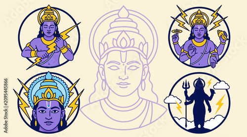 Foto Hindu God Vishnu and Lord Indra Icon Set - Vector Minimalist Flat Line Art Illus
