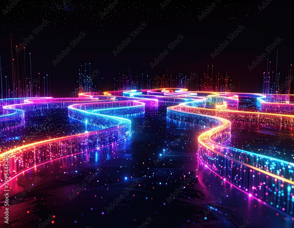 Fototapeta premium Abstract Neon Light Trails Weaving Through Dark Digital Landscape.
