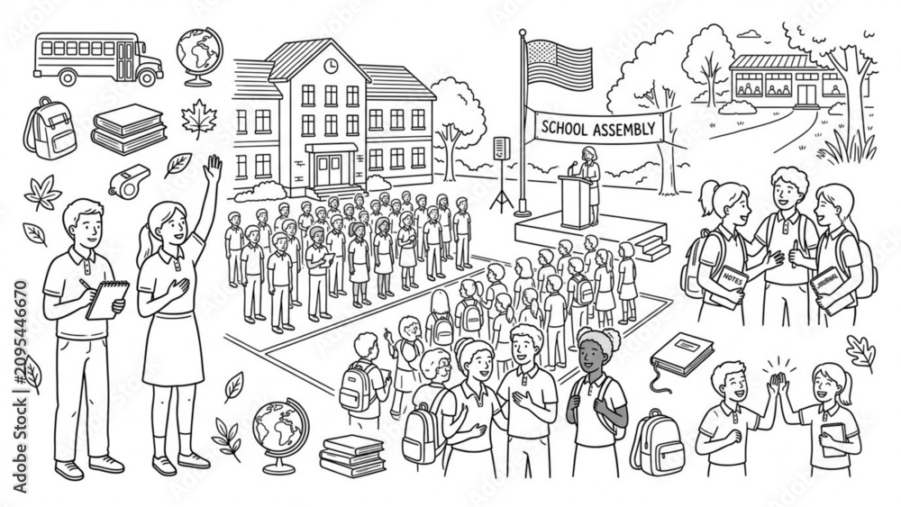 Obraz premium Young Learners Campus Life Vector Pack – American Students, School Ceremony and Unity Concept