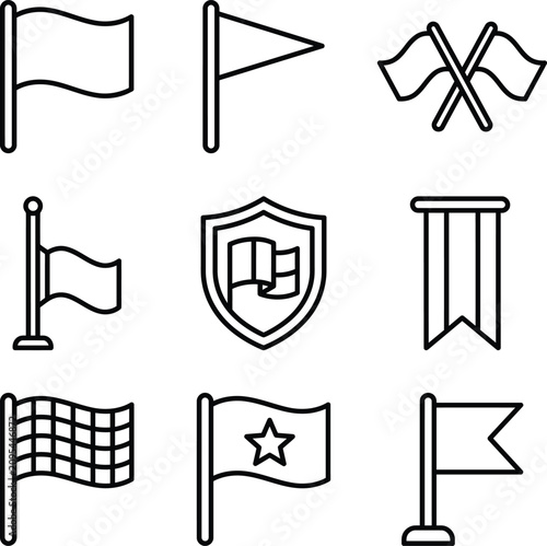 Set of black and white flag line icons for design with checkered, collection