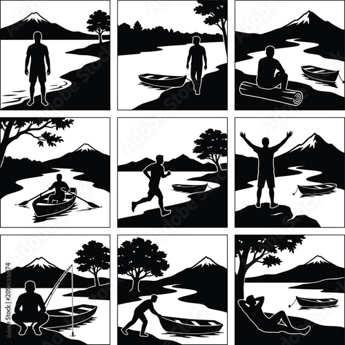 Silhouettes of man outdoor activities at lakeside mountain landscape
