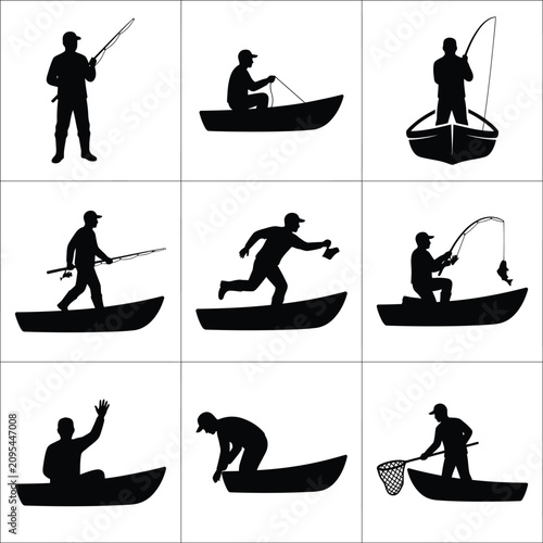 Black silhouette collection of fisherman activities on a boat with fisherman