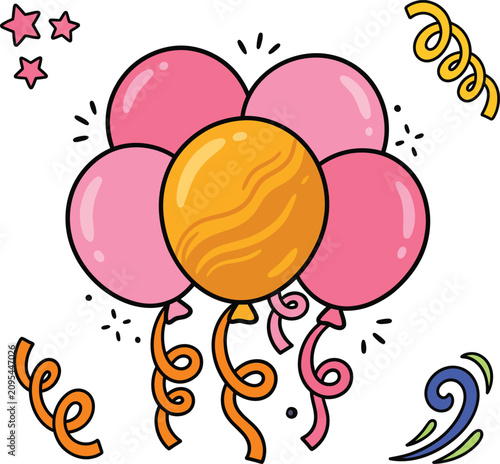 Set of colorful hand drawn party balloons and decorative streamers with balloons