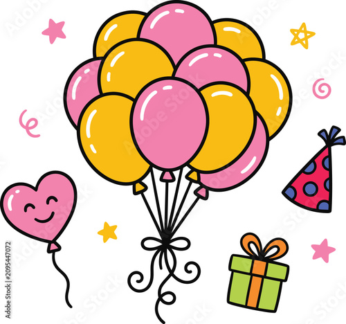 Group of festive birthday balloons with party hat and gift box, party supplies