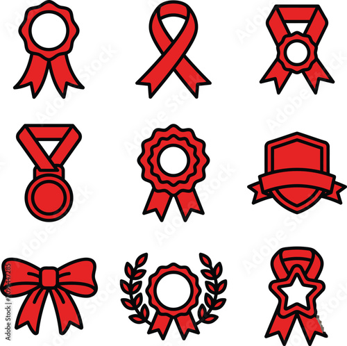 Set of achievement award ribbons and red celebration medals with award winning