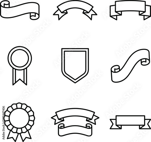 Collection of vintage ribbon banners and award badges line art with decoration