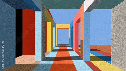 Abstract geometric architectural corridor with vibrant color blocks and a surreal, minimalist design