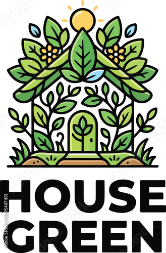 Eco friendly house green symbol with plant foliage and sun, environment