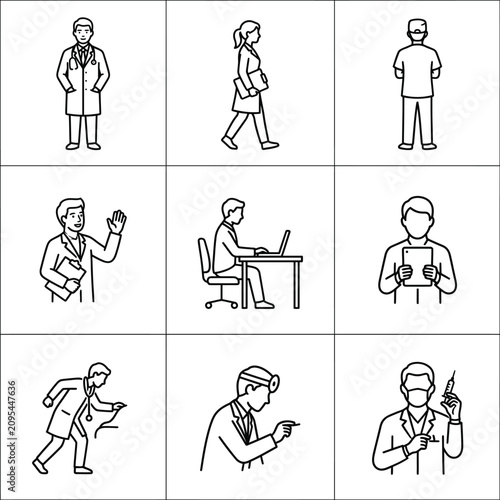 Medical professional icon set featuring doctors in various clinical roles