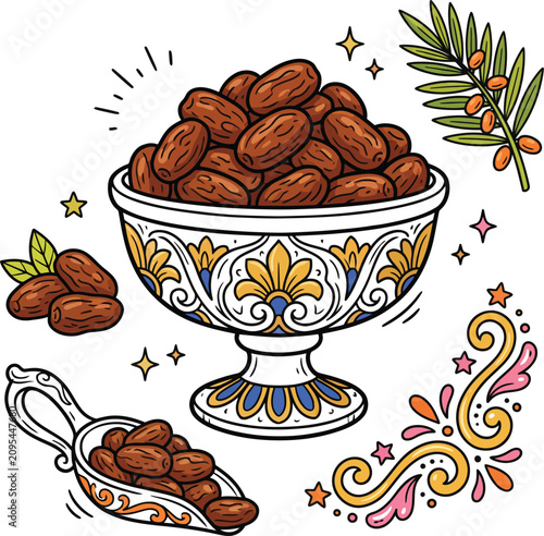 Dried dates in ornate bowl with scooper and decorative elements, traditional