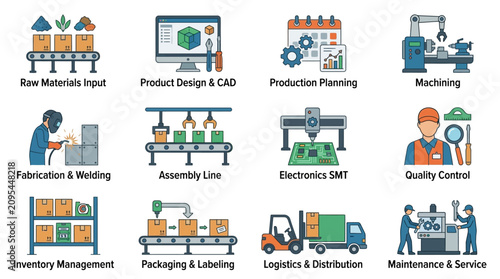 Manufacturing process workflow icons set illustration.